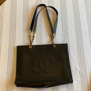 Chanel large black caviar leather tote with gold hardware
